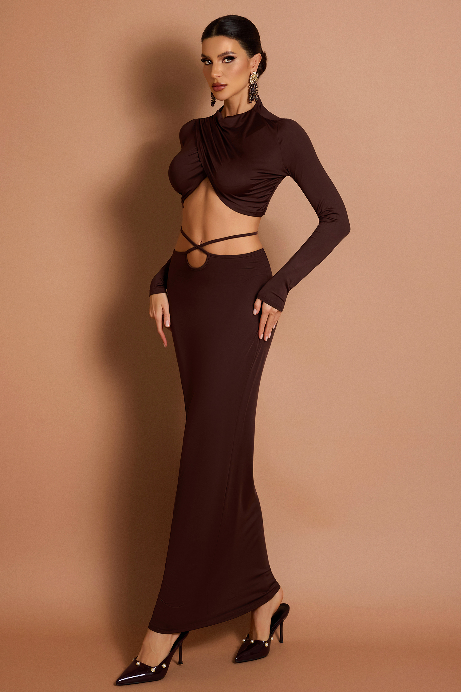 Solid Long Sleeve Top & Low Waist Tie-Up Maxi Skirt Set