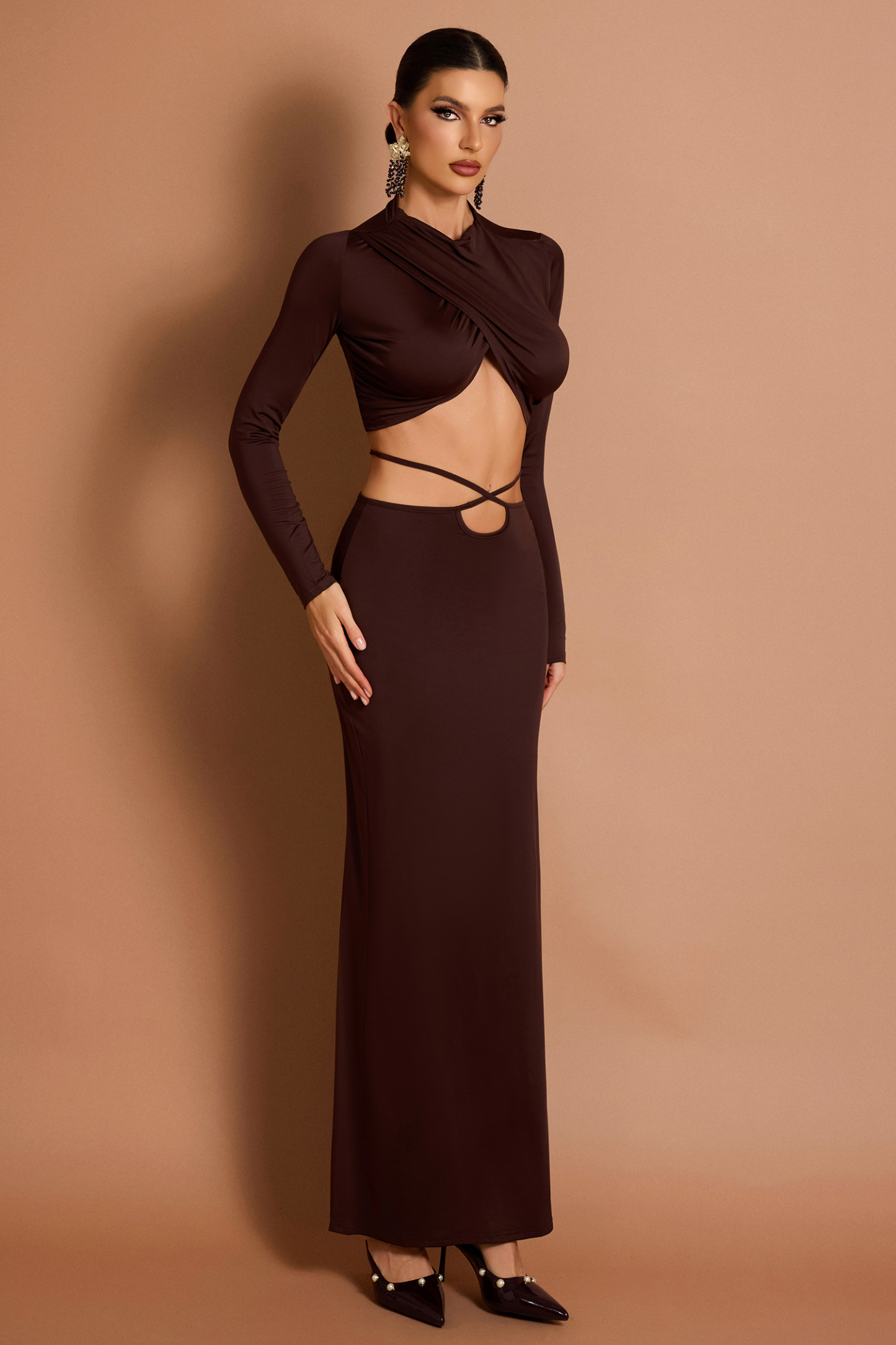 Solid Long Sleeve Top & Low Waist Tie-Up Maxi Skirt Set