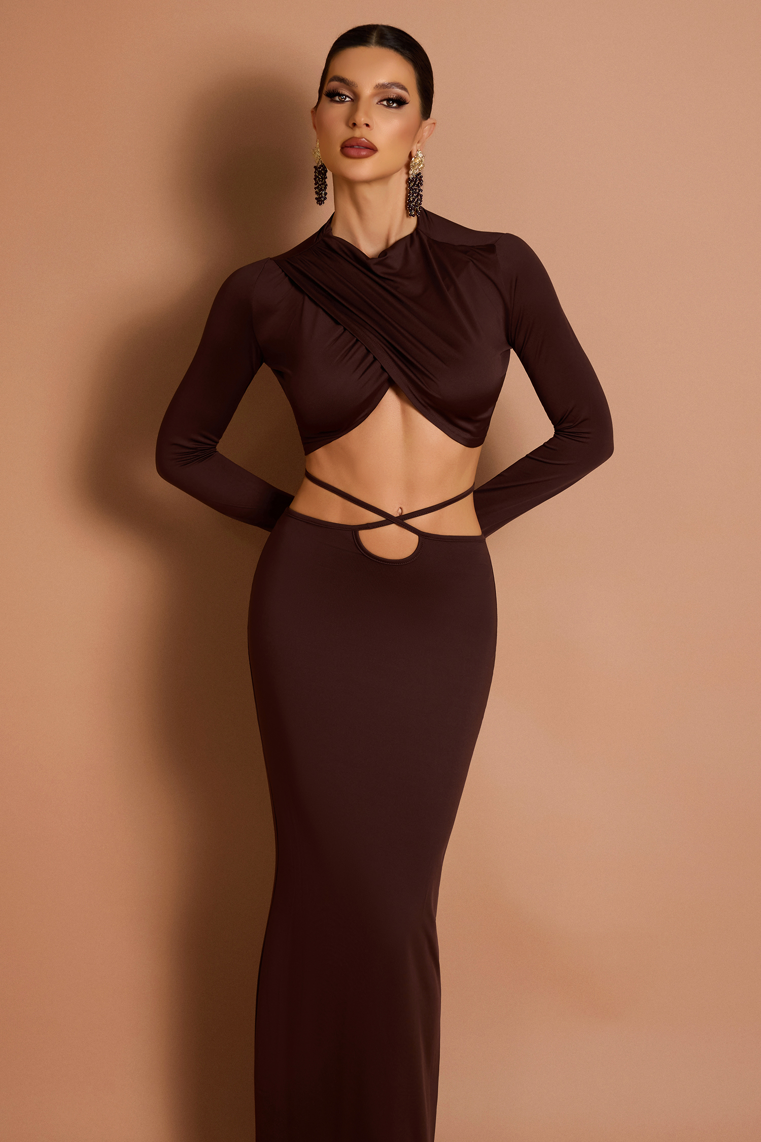 Solid Long Sleeve Top & Low Waist Tie-Up Maxi Skirt Set