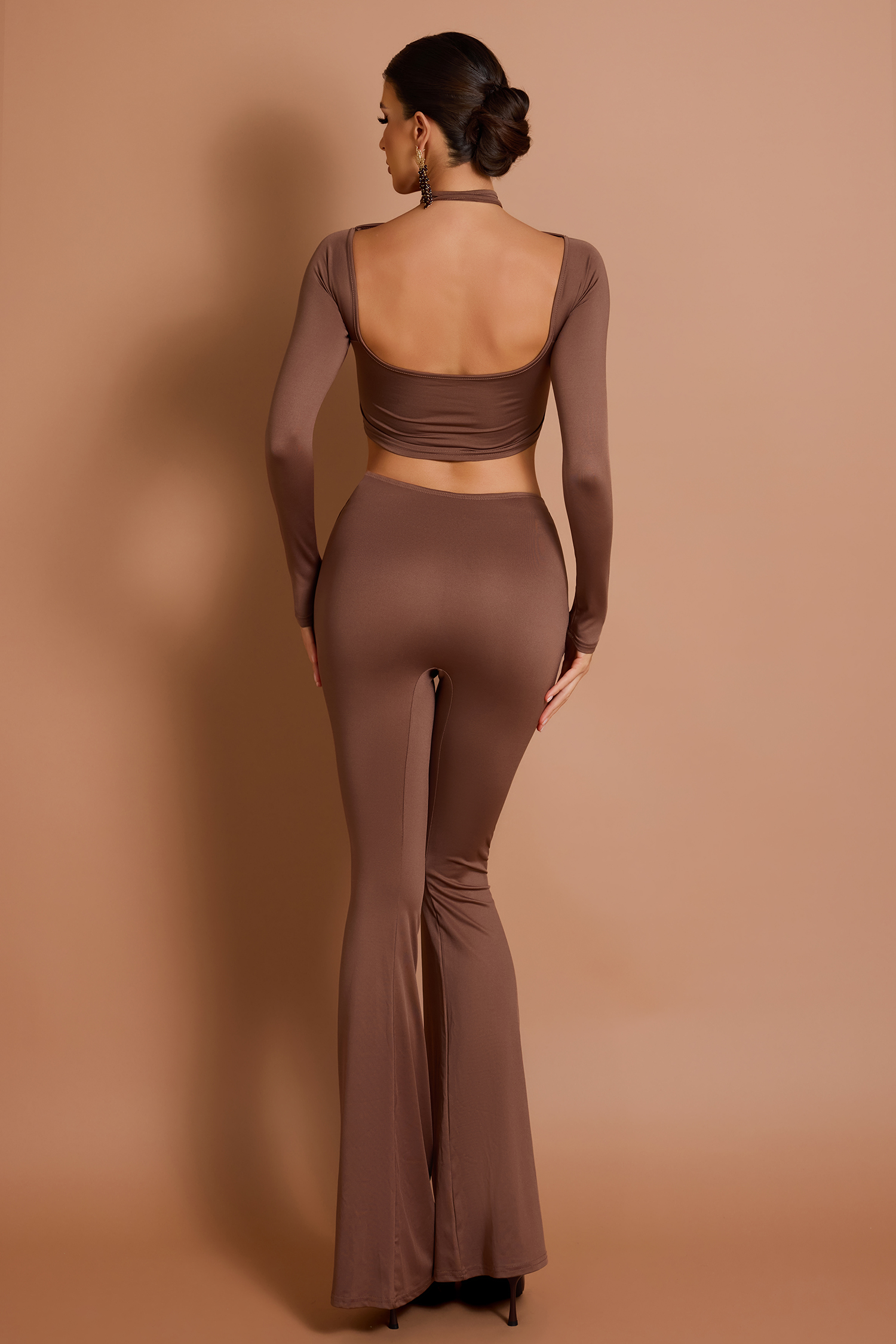 Solid Long Sleeve Halter Neck Top & Knotted Pants Set