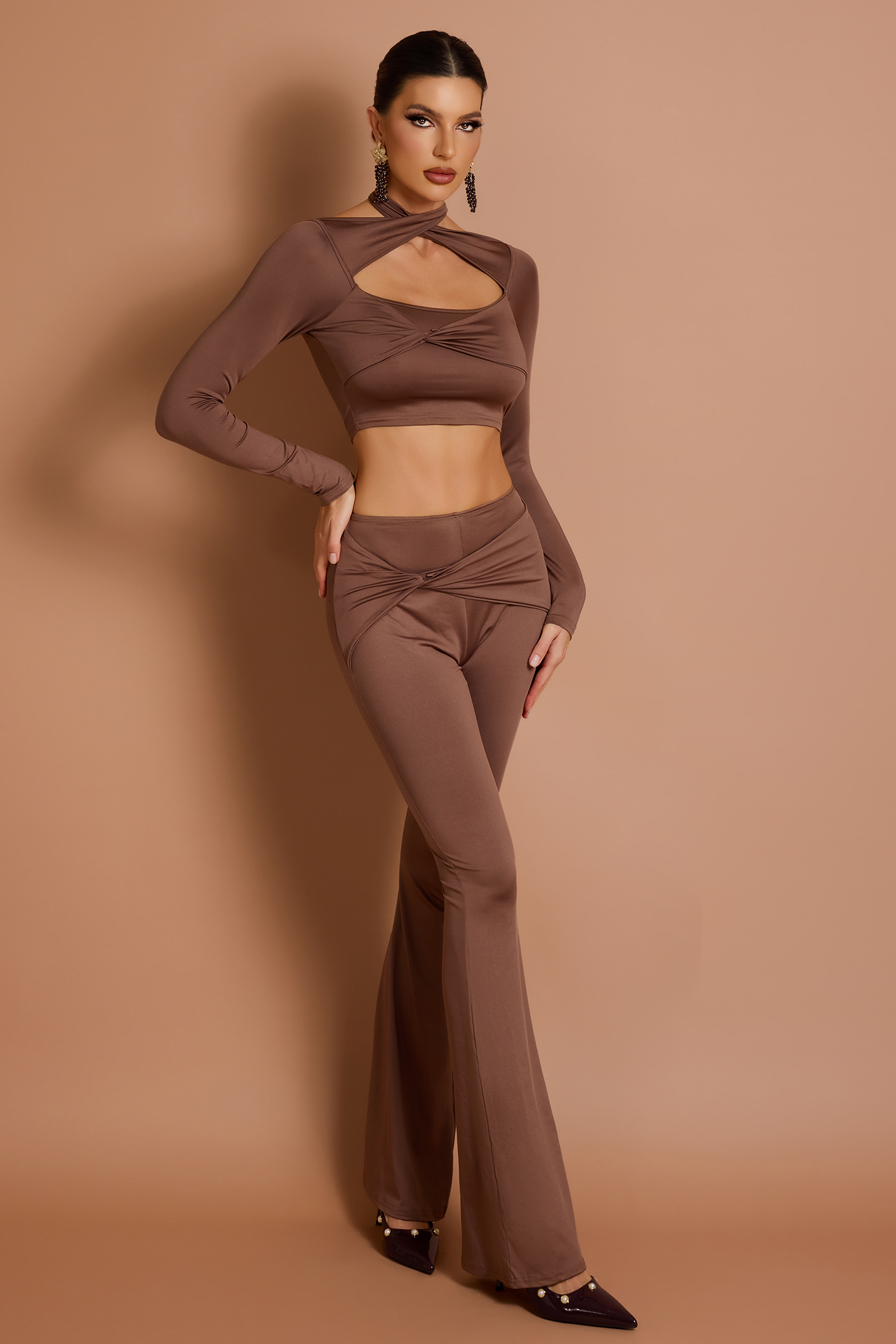 Solid Long Sleeve Halter Neck Top & Knotted Pants Set