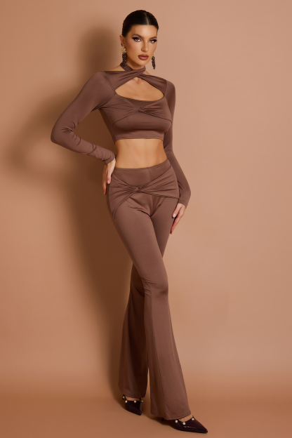 Solid Long Sleeve Halter Neck Top & Knotted Pants Set