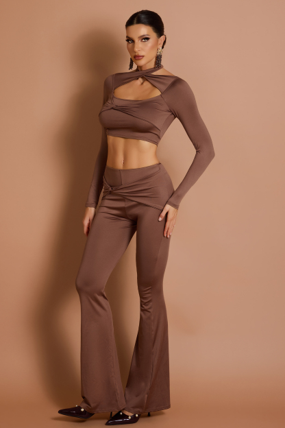 Solid Long Sleeve Halter Neck Top & Knotted Pants Set