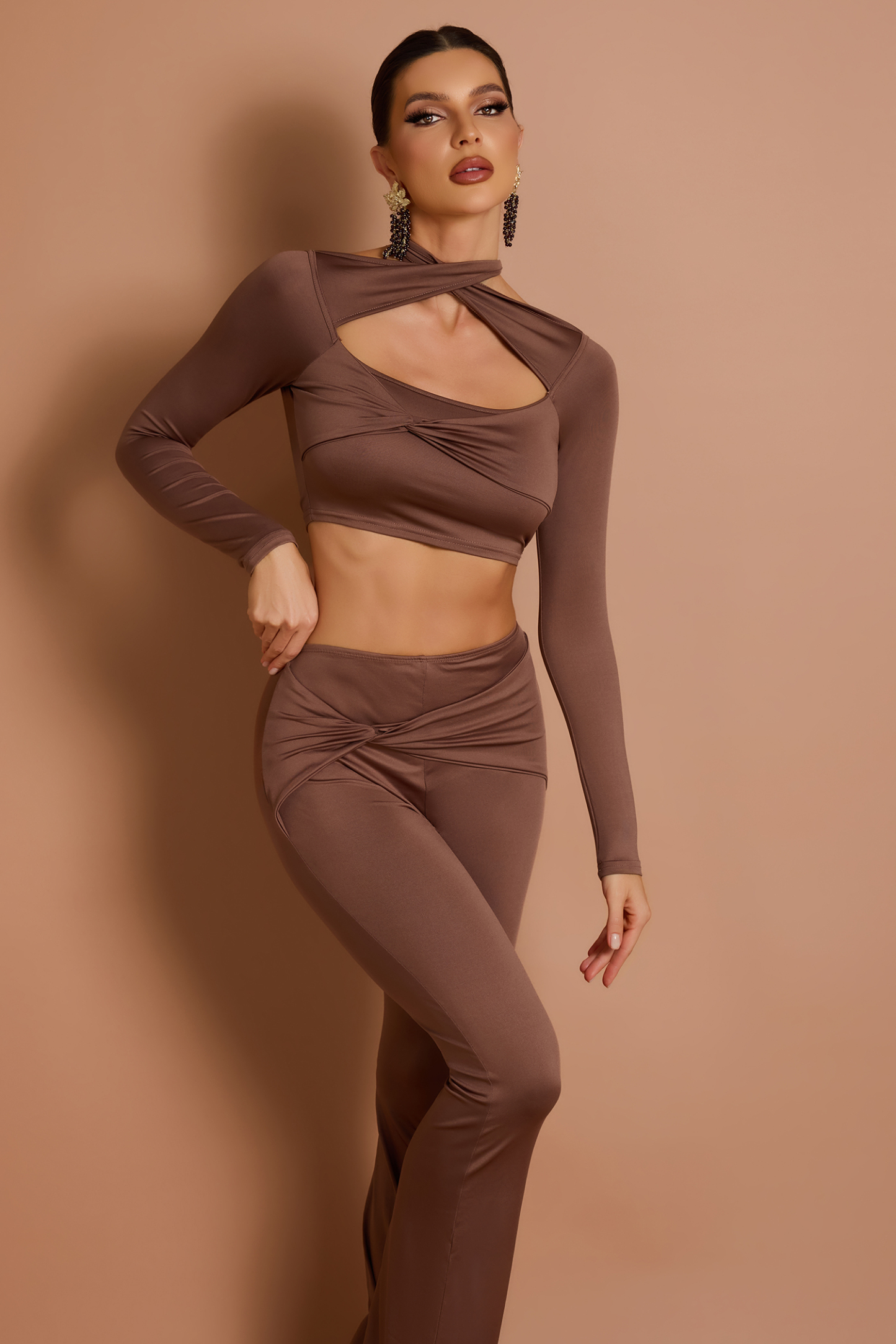 Solid Long Sleeve Halter Neck Top & Knotted Pants Set