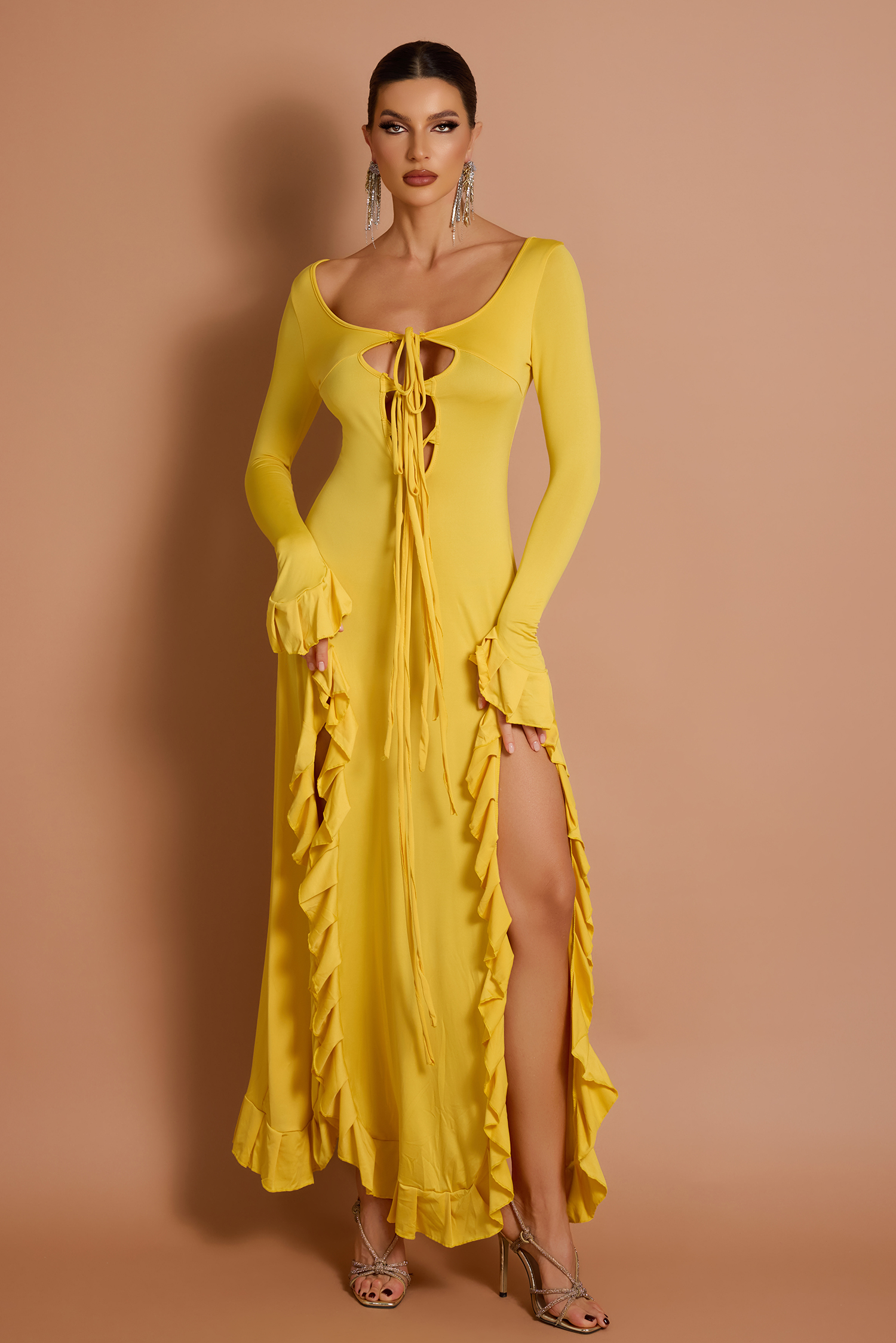 Long Sleeve Frill Slit Maxi Dress