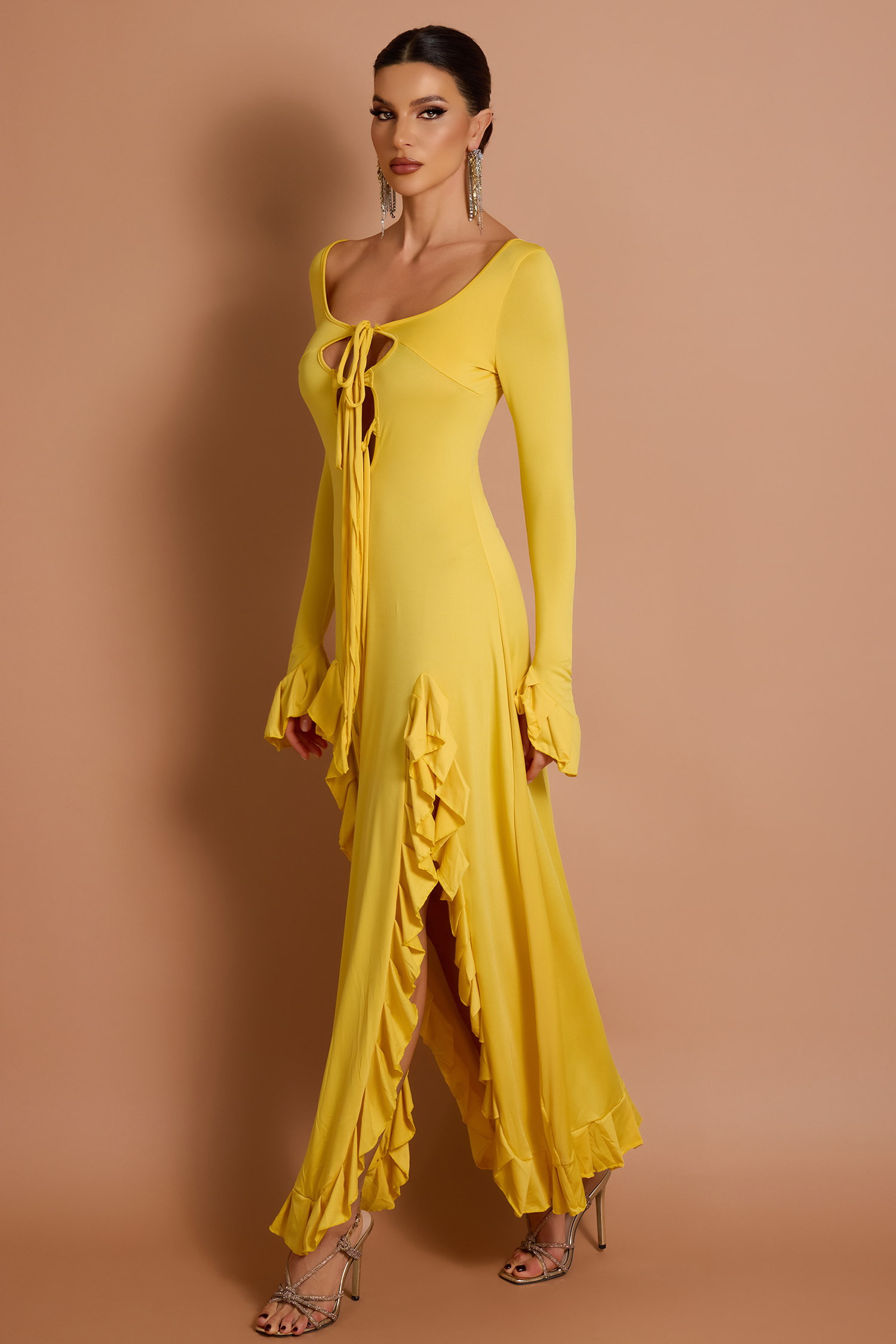 Long Sleeve Frill Slit Maxi Dress
