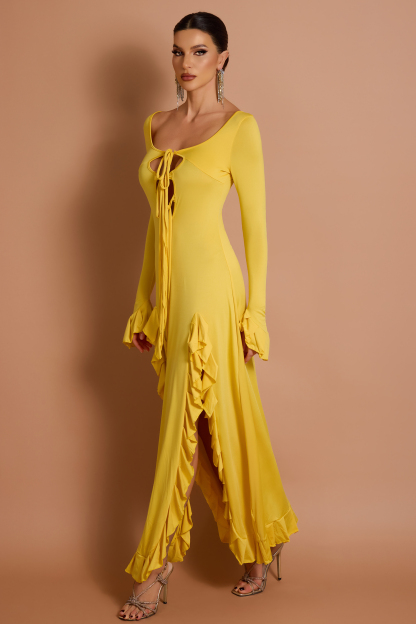 Long Sleeve Frill Slit Maxi Dress