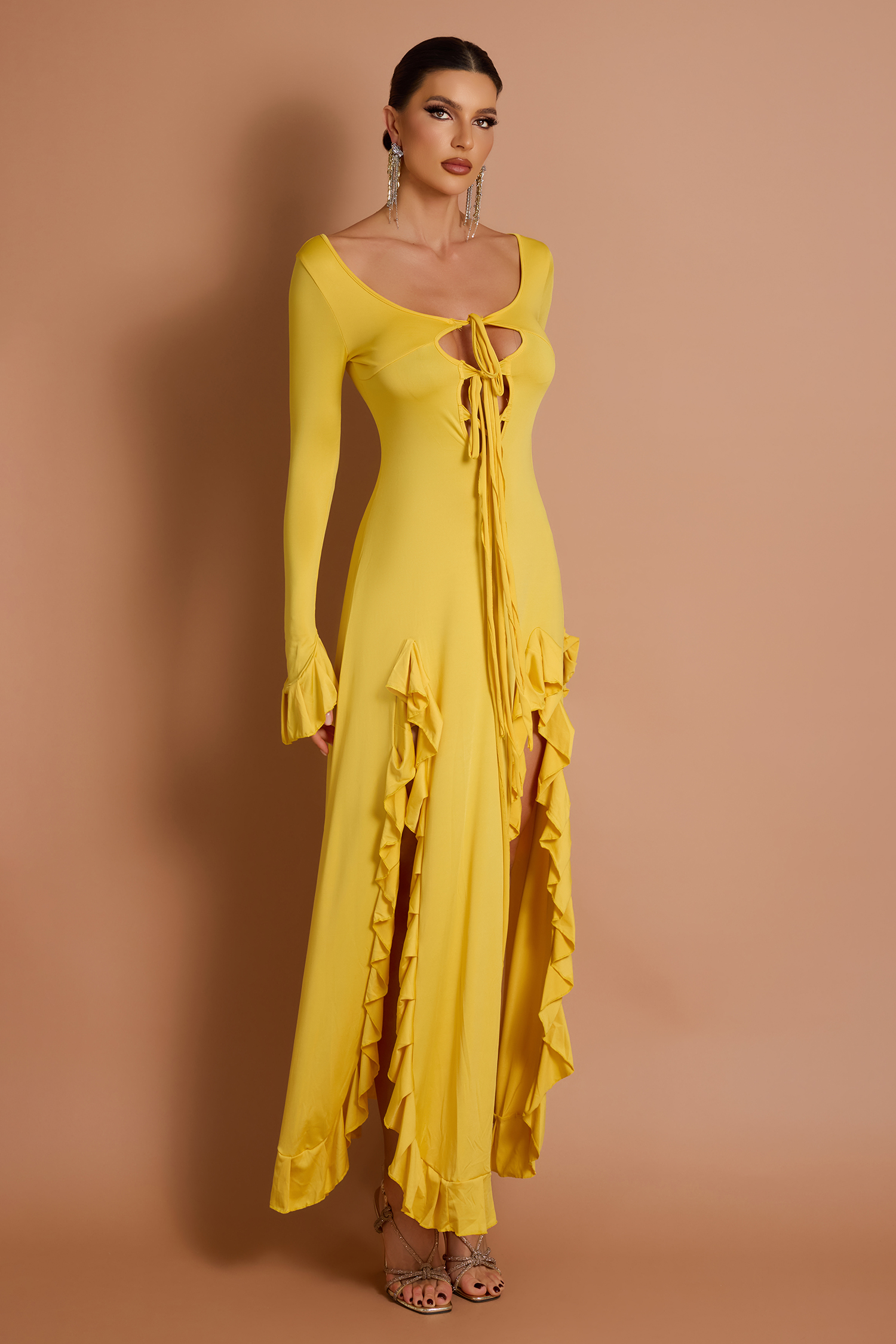 Long Sleeve Frill Slit Maxi Dress