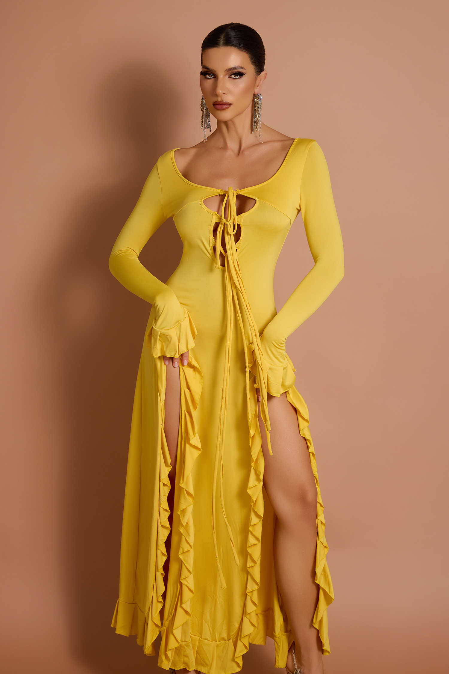 Long Sleeve Frill Slit Maxi Dress