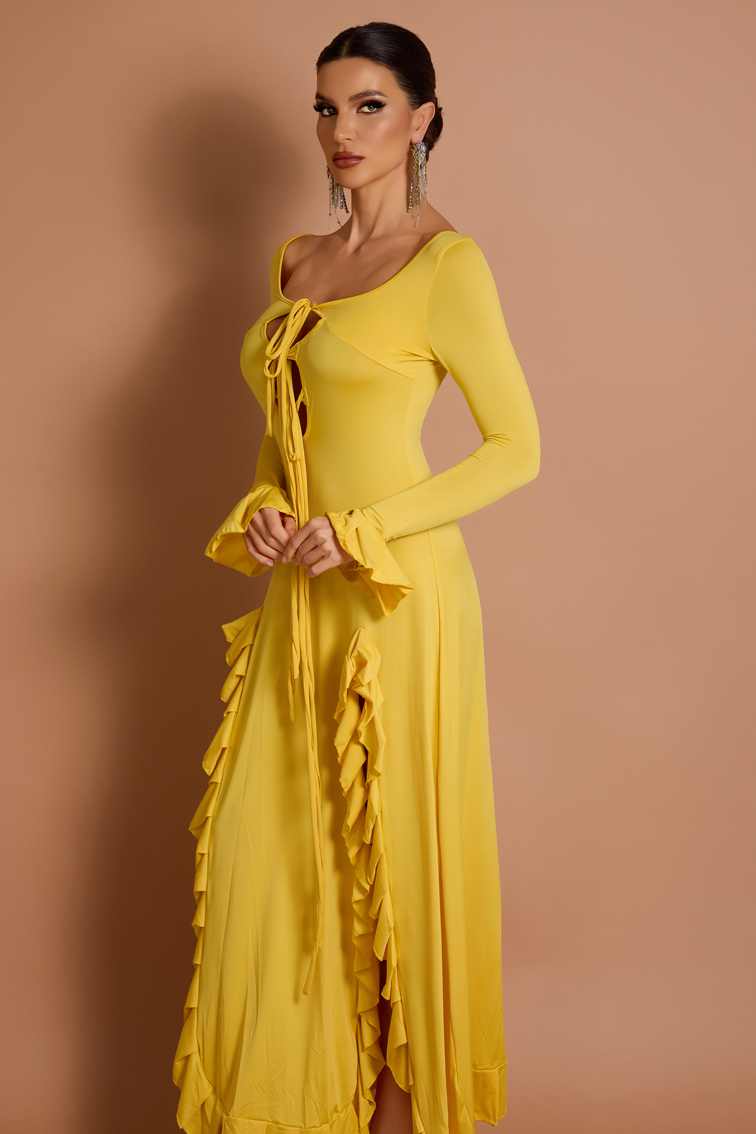 Long Sleeve Frill Slit Maxi Dress