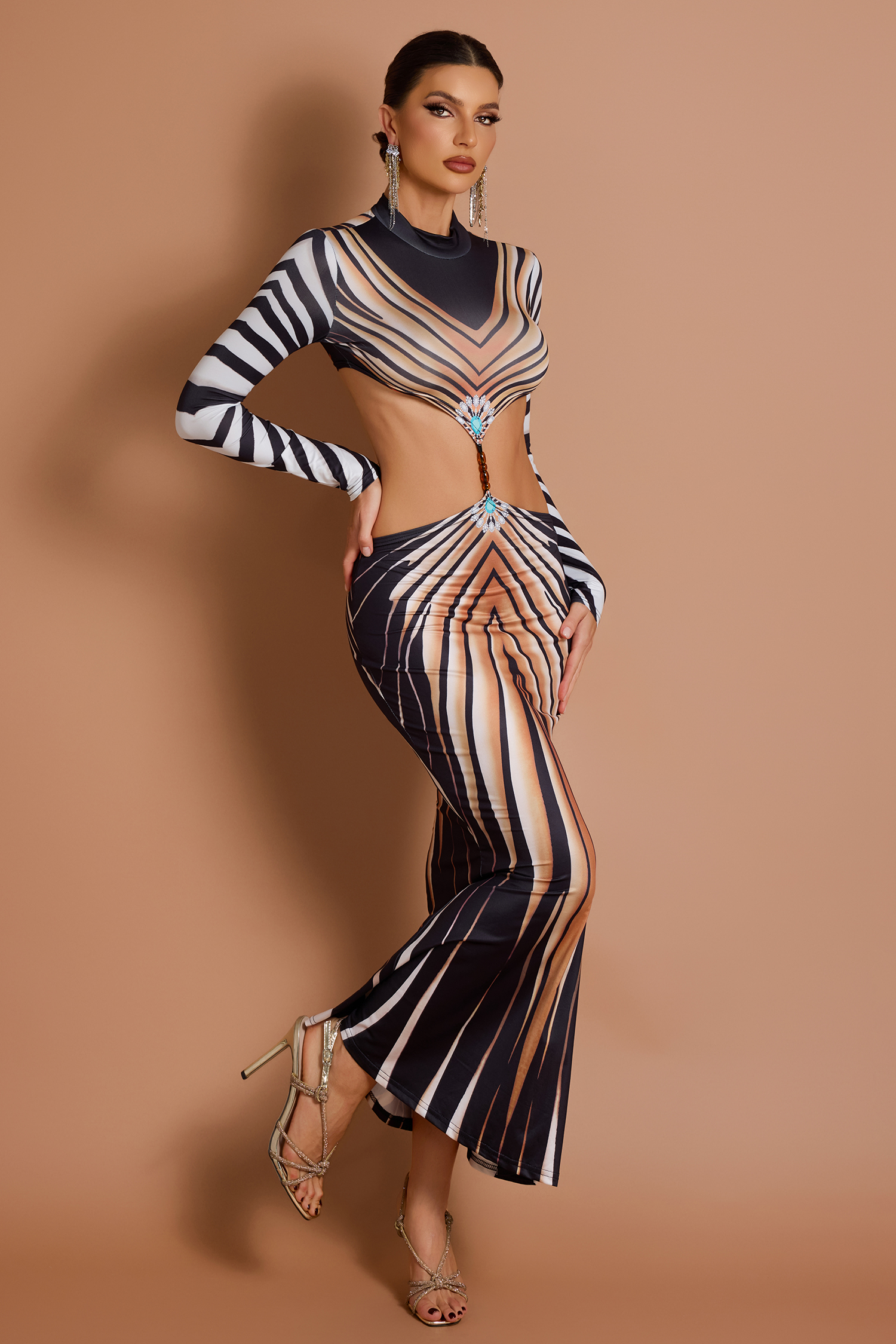 Long Sleeve Chevron Cut-Out Maxi Dress