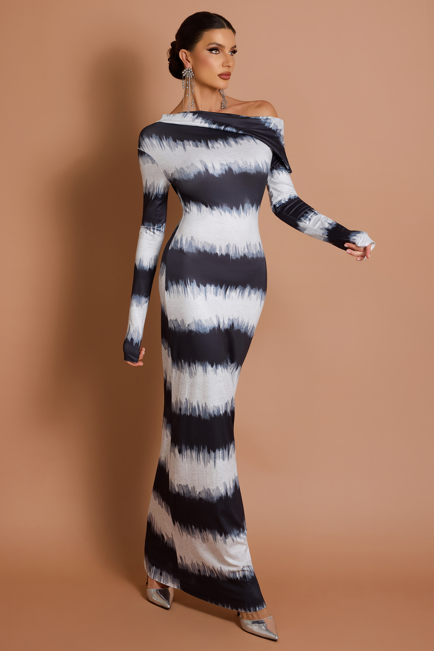 Tie Dye Skew Collar Long Sleeve Maxi Dress