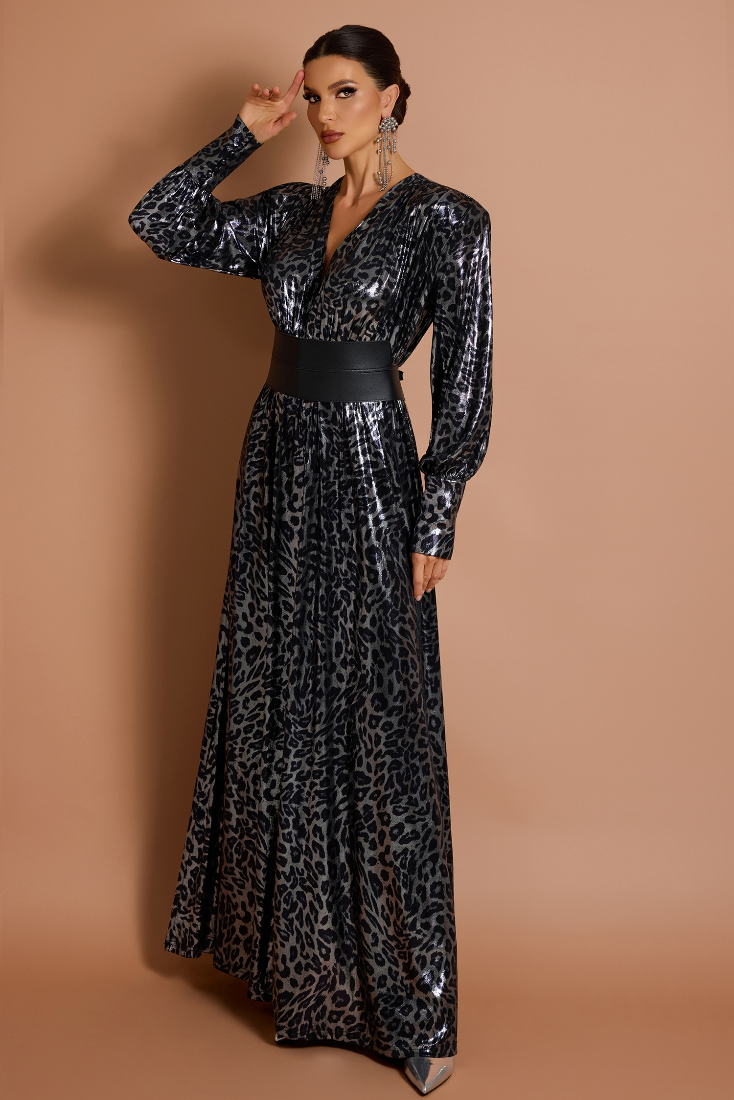 Leopard Print V-Neck Maxi Dress With Belt