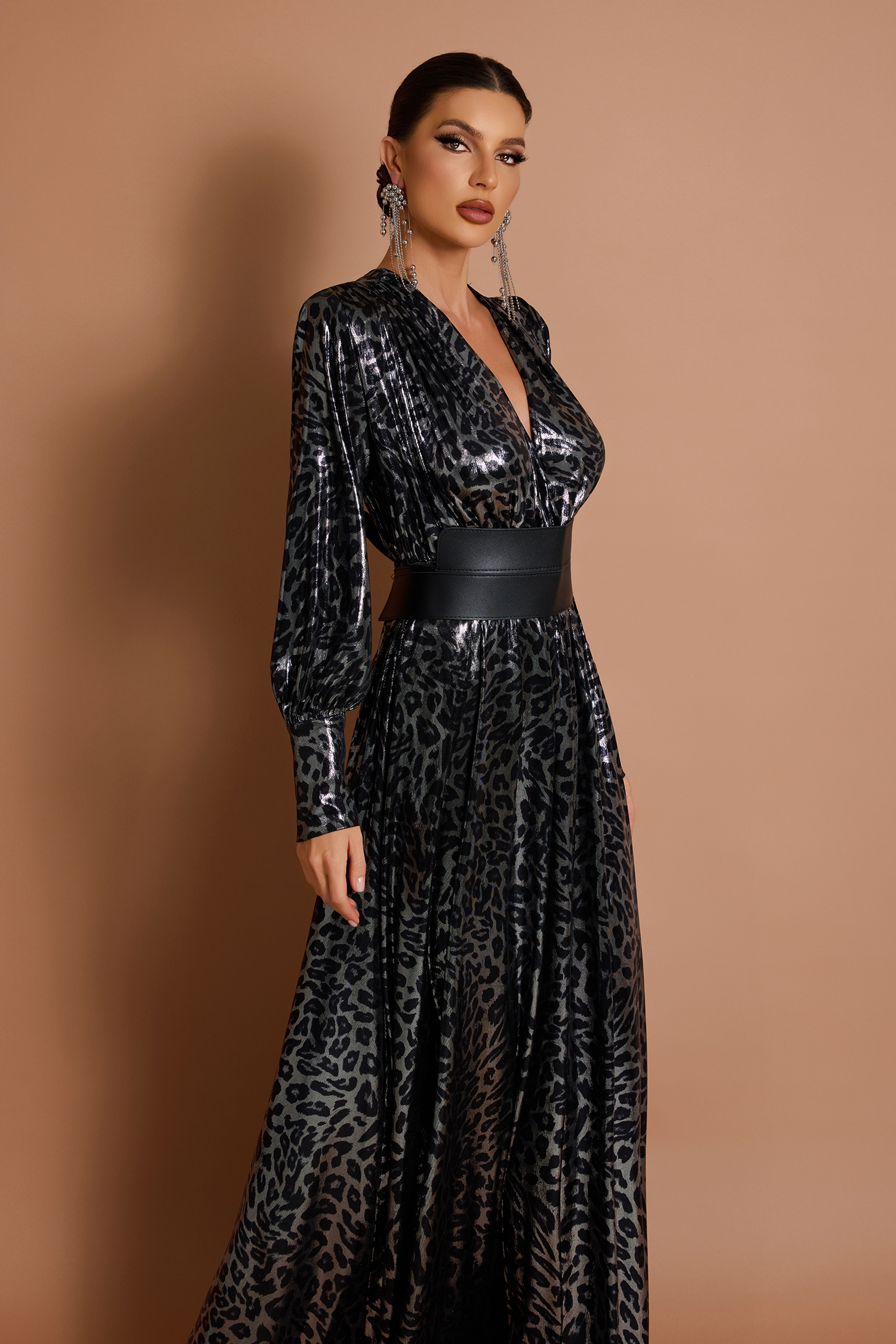 Leopard Print V-Neck Maxi Dress With Belt