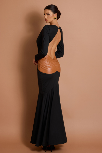 Splicing V-Neck Long Sleeve Maxi Dress