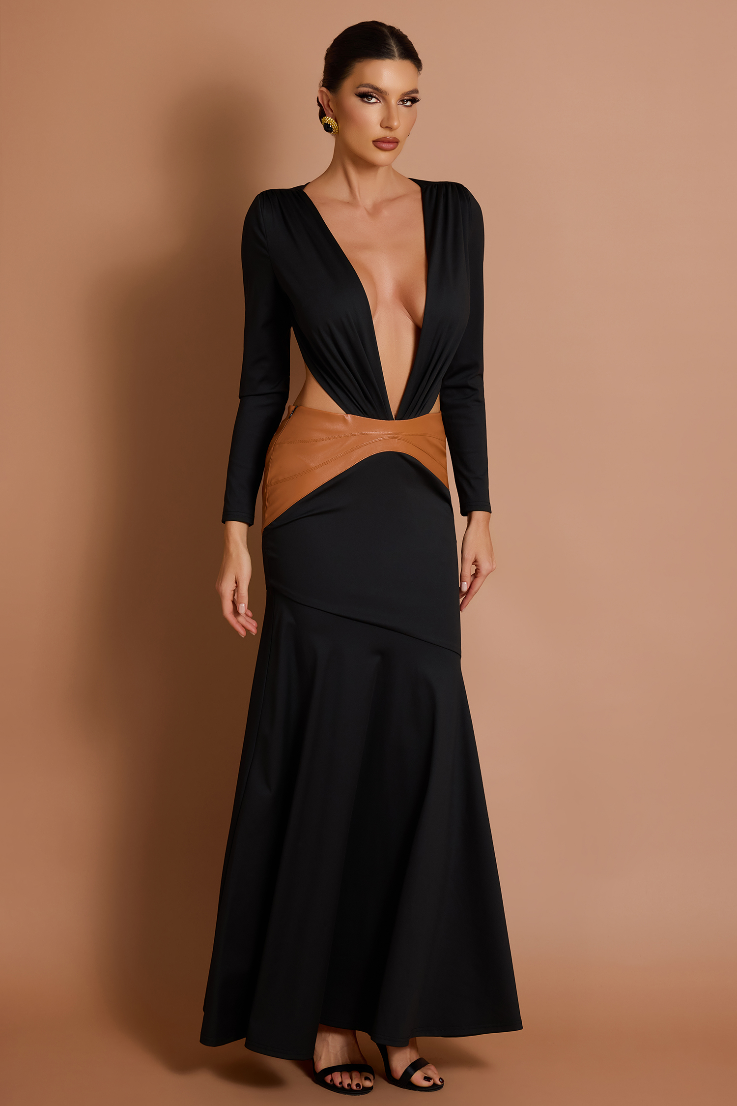 Splicing V-Neck Long Sleeve Maxi Dress