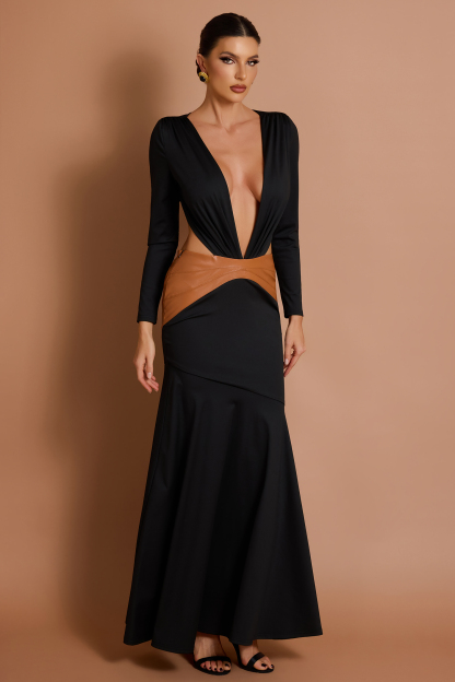 Splicing V-Neck Long Sleeve Maxi Dress