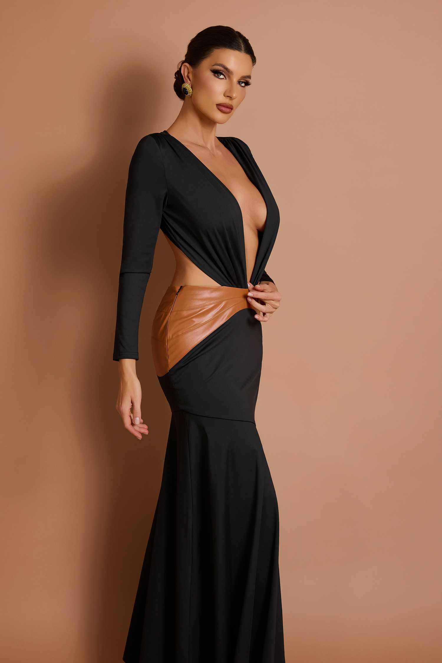 Splicing V-Neck Long Sleeve Maxi Dress