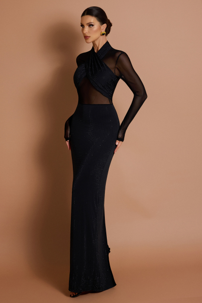 Rhinestone Mesh See-Through Midi Dress