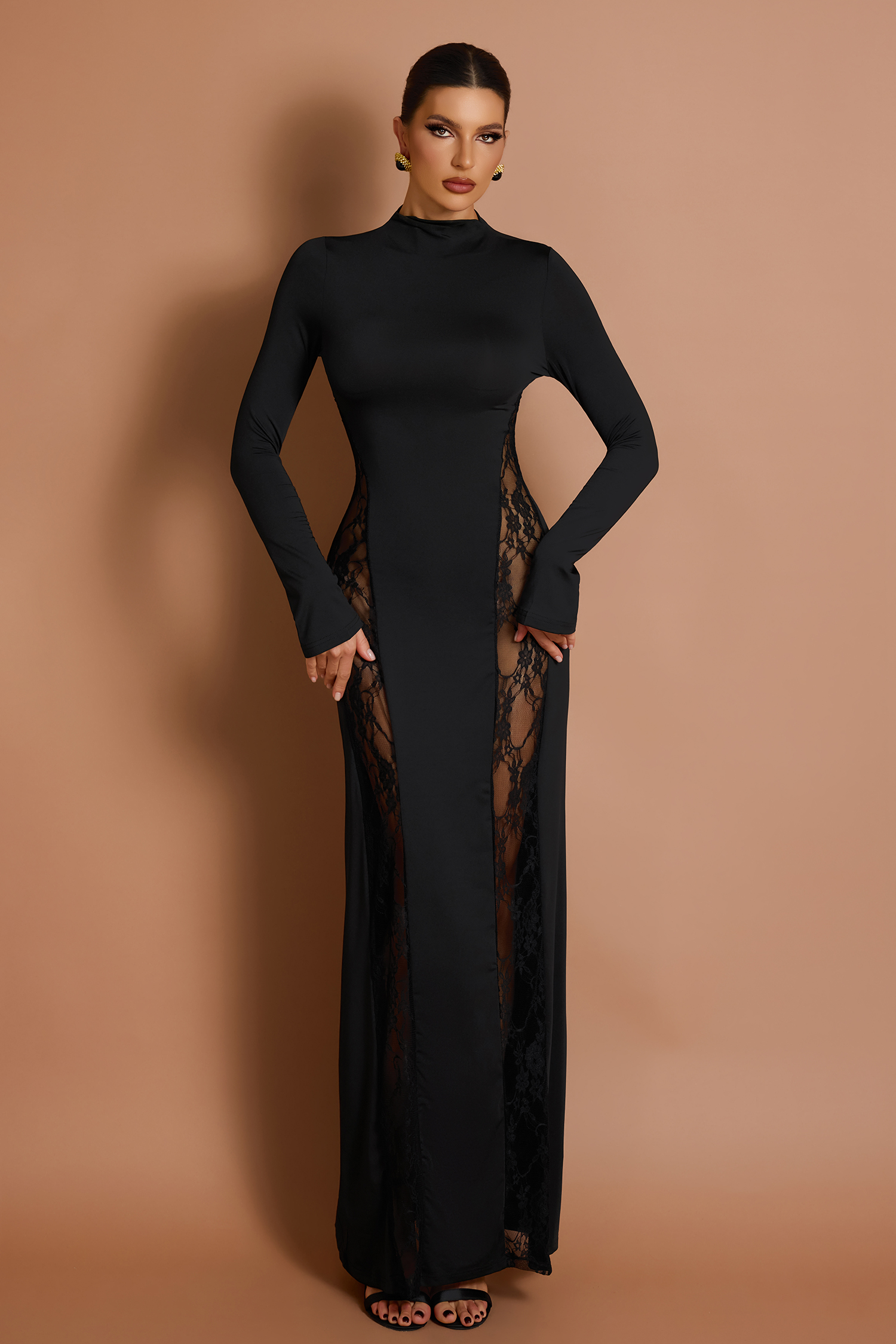 Lace See-Through Long Sleeve Maxi Dress