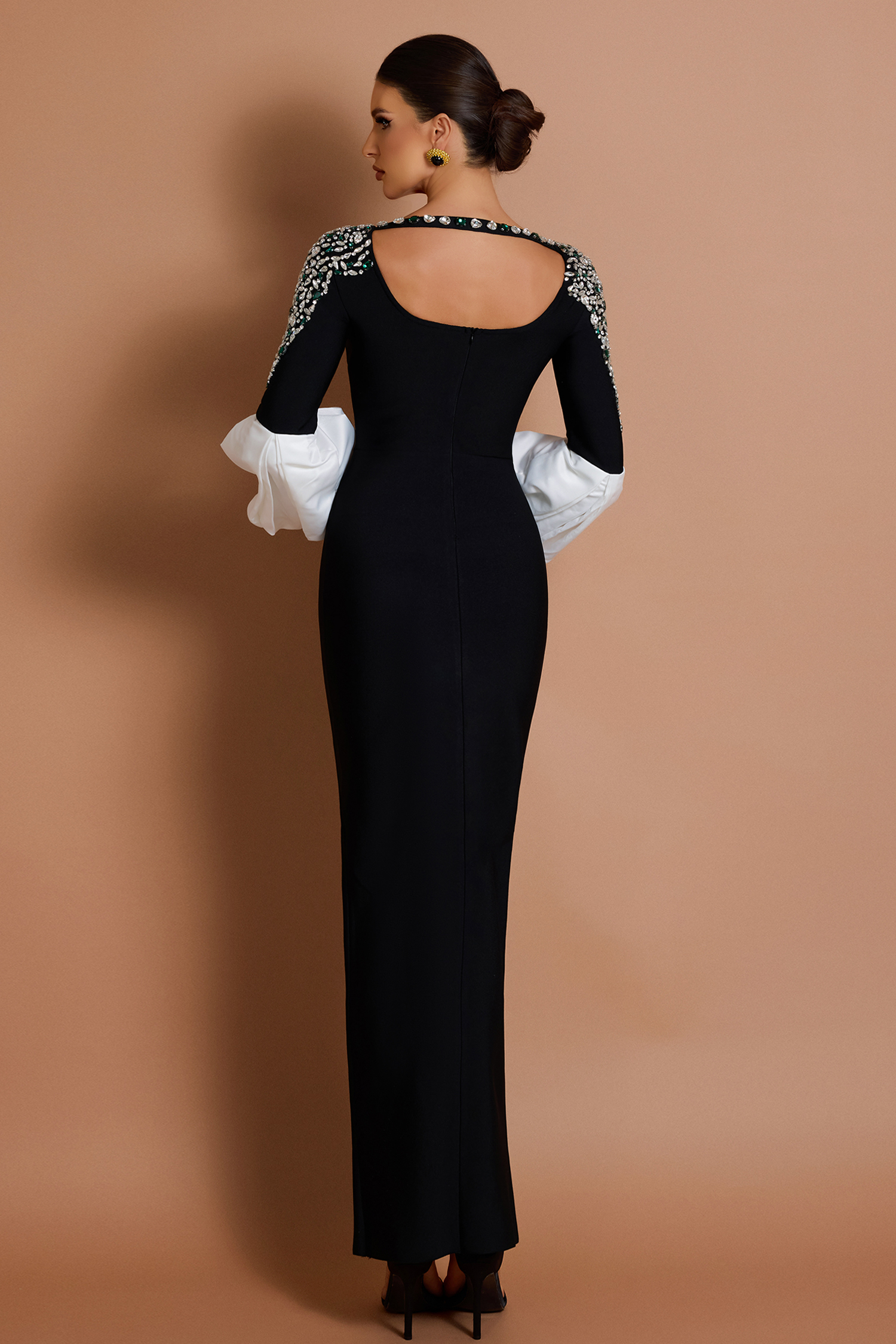 Bandage Rhinestone Puff Sleeve Maxi Dress