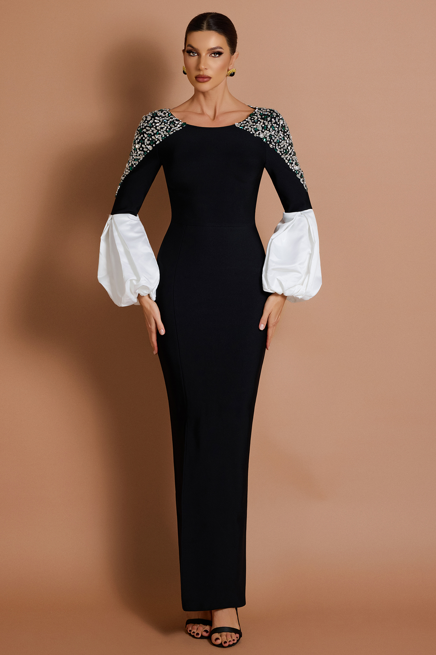 Bandage Rhinestone Puff Sleeve Maxi Dress