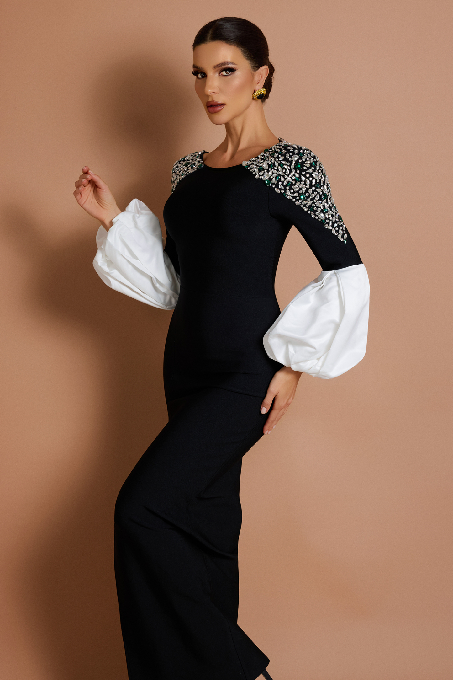 Bandage Rhinestone Puff Sleeve Maxi Dress