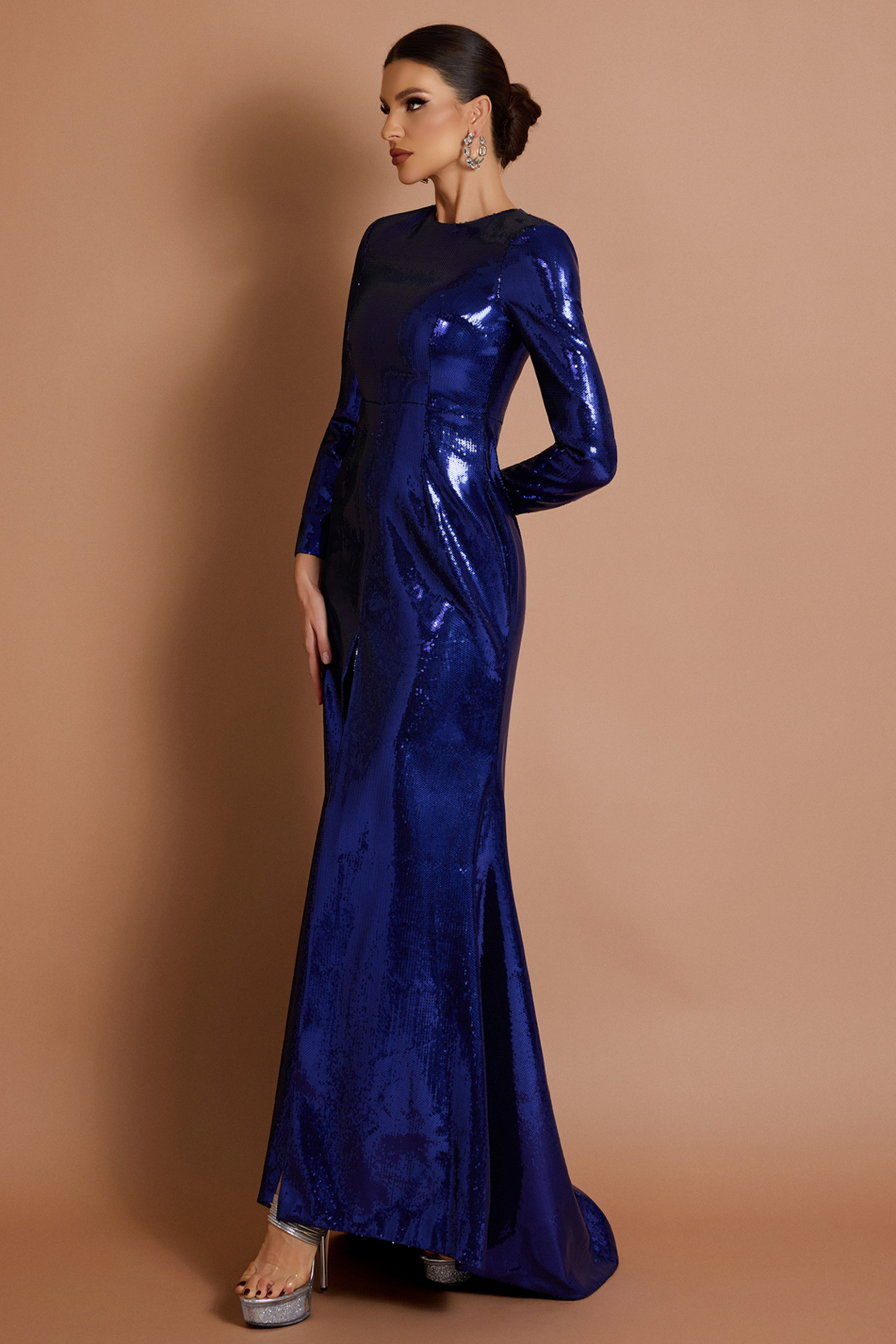 Sequin Slit Long Sleeve Maxi Dress