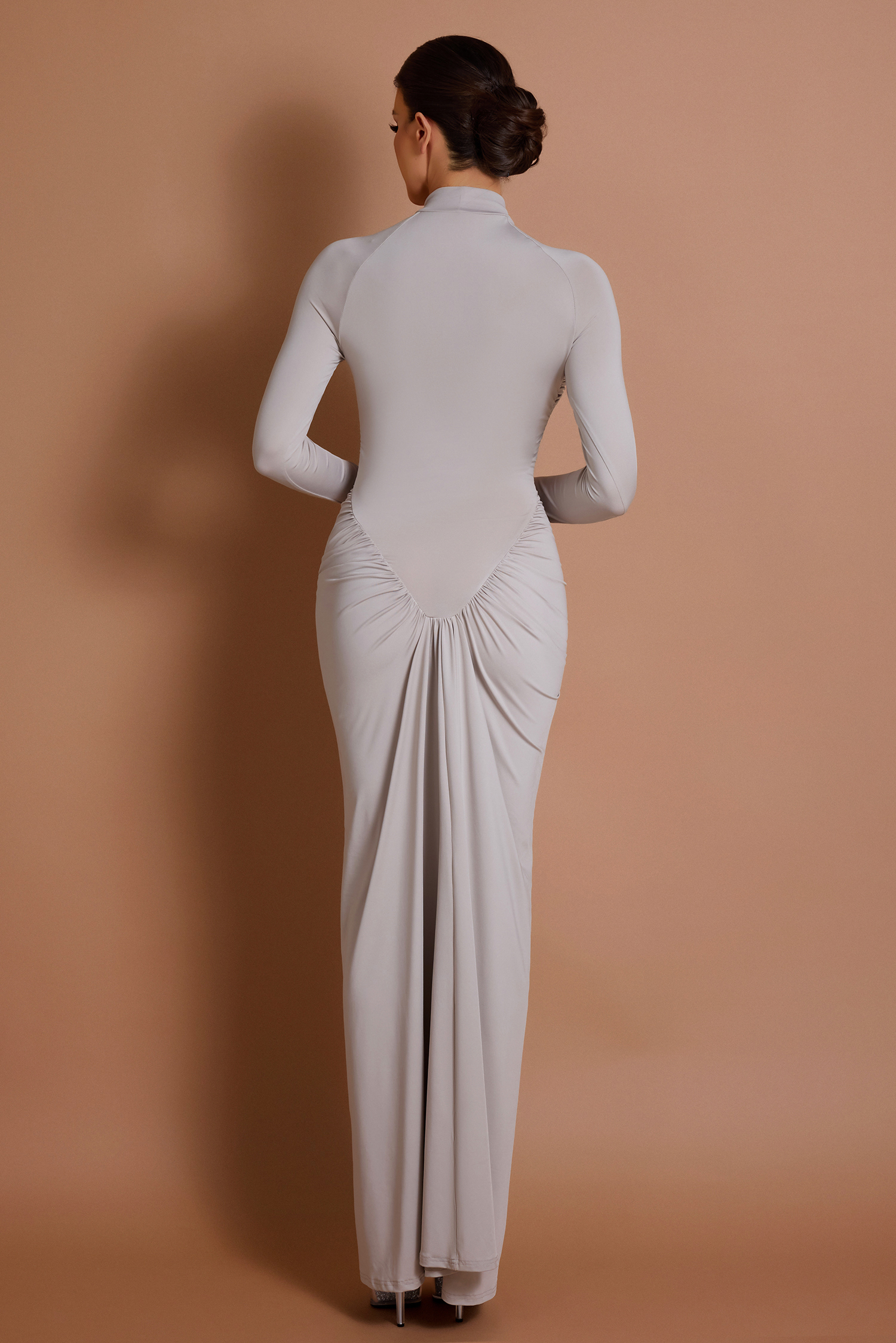 High Neck Ruched Solid Maxi Dress