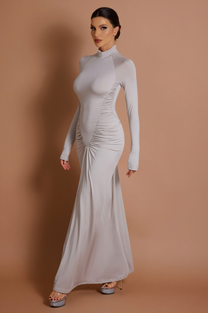 High Neck Ruched Solid Maxi Dress