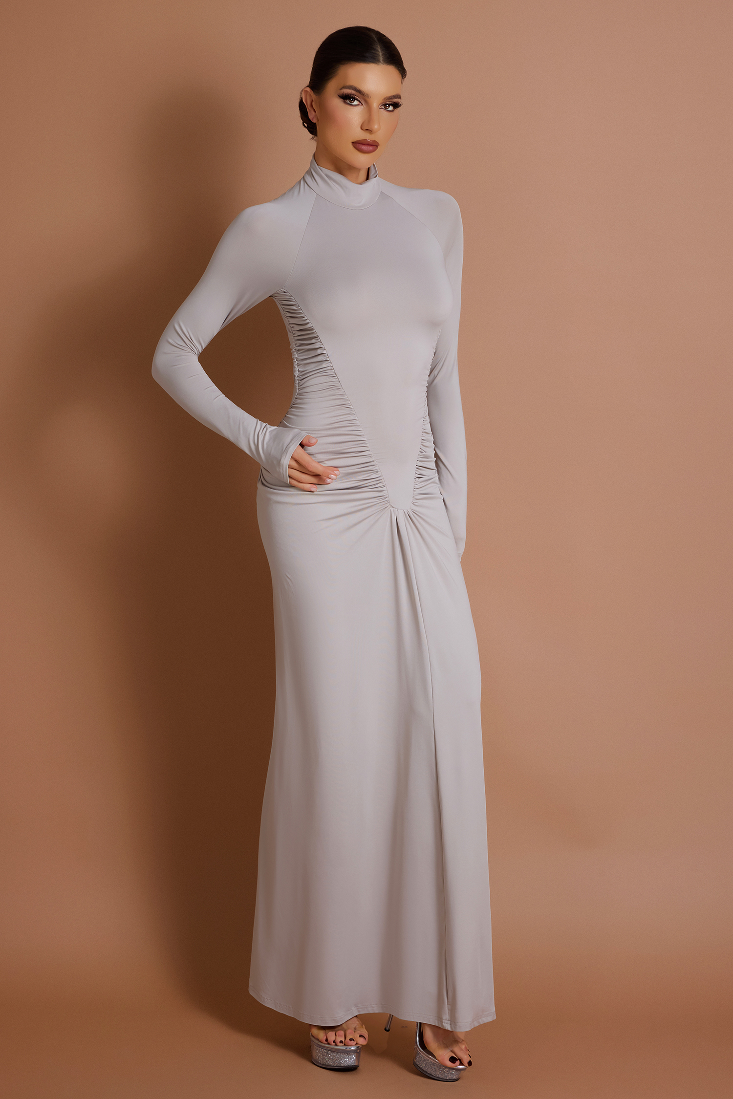 High Neck Ruched Solid Maxi Dress