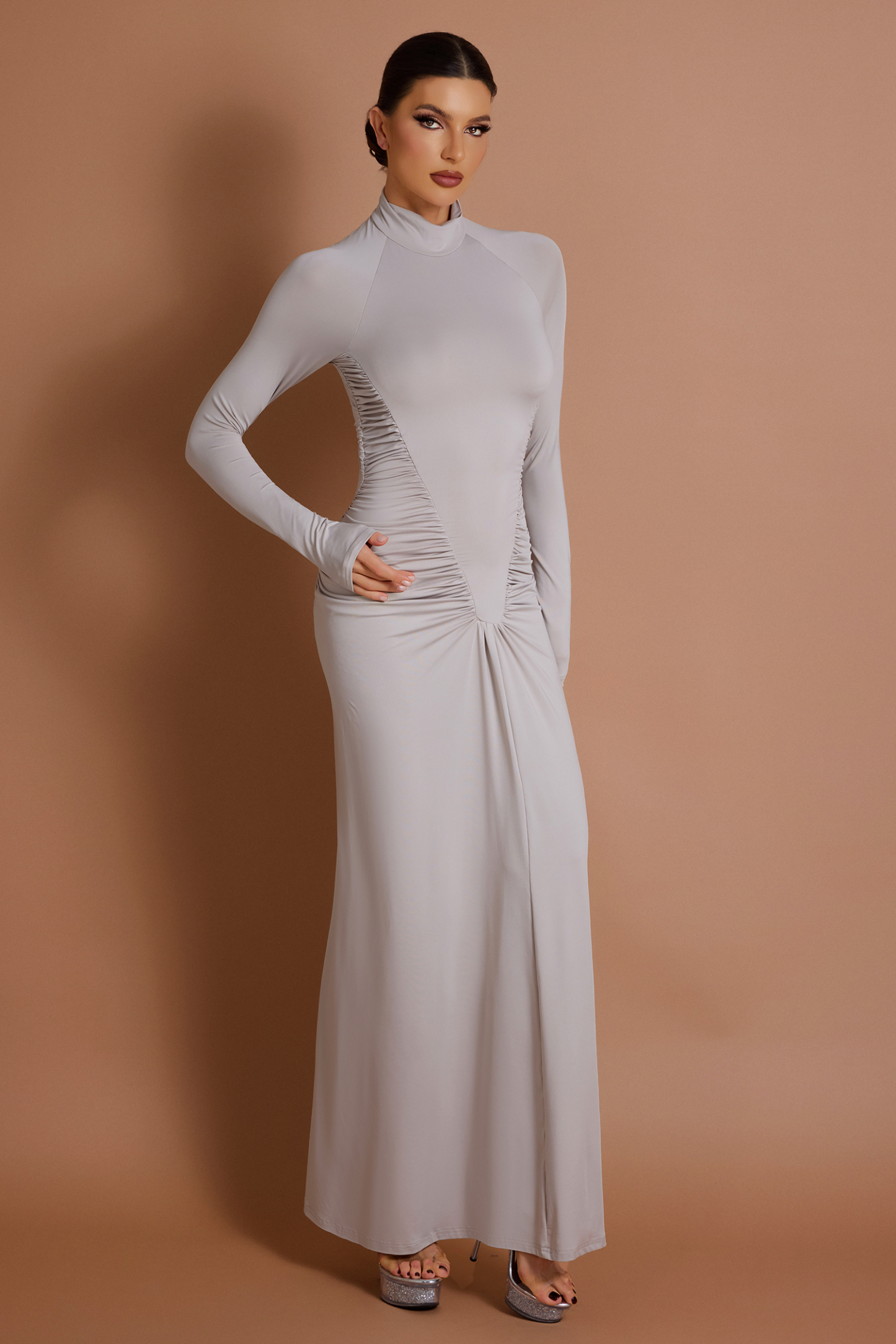 High Neck Ruched Solid Maxi Dress