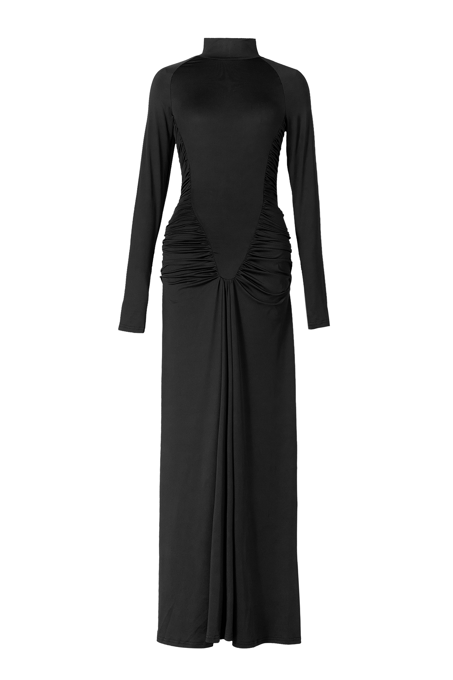 High Neck Ruched Solid Maxi Dress