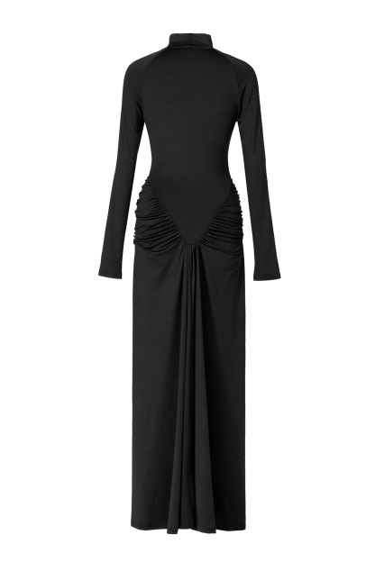 High Neck Ruched Solid Maxi Dress