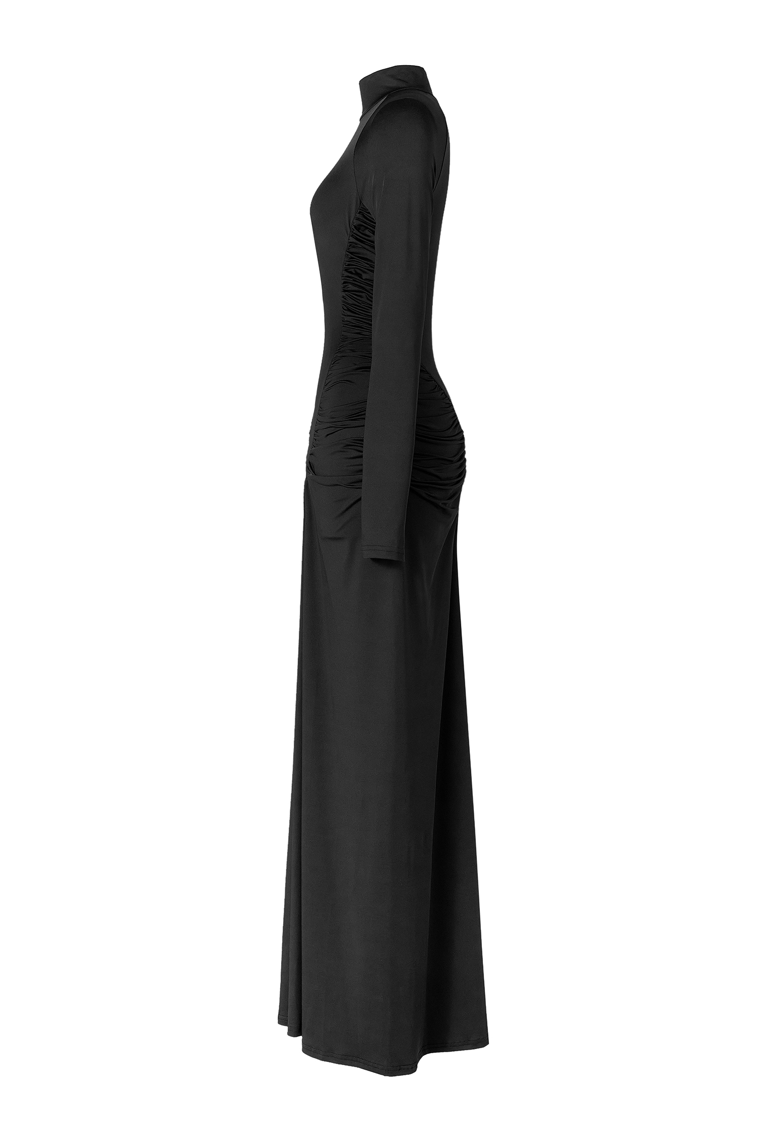 High Neck Ruched Solid Maxi Dress