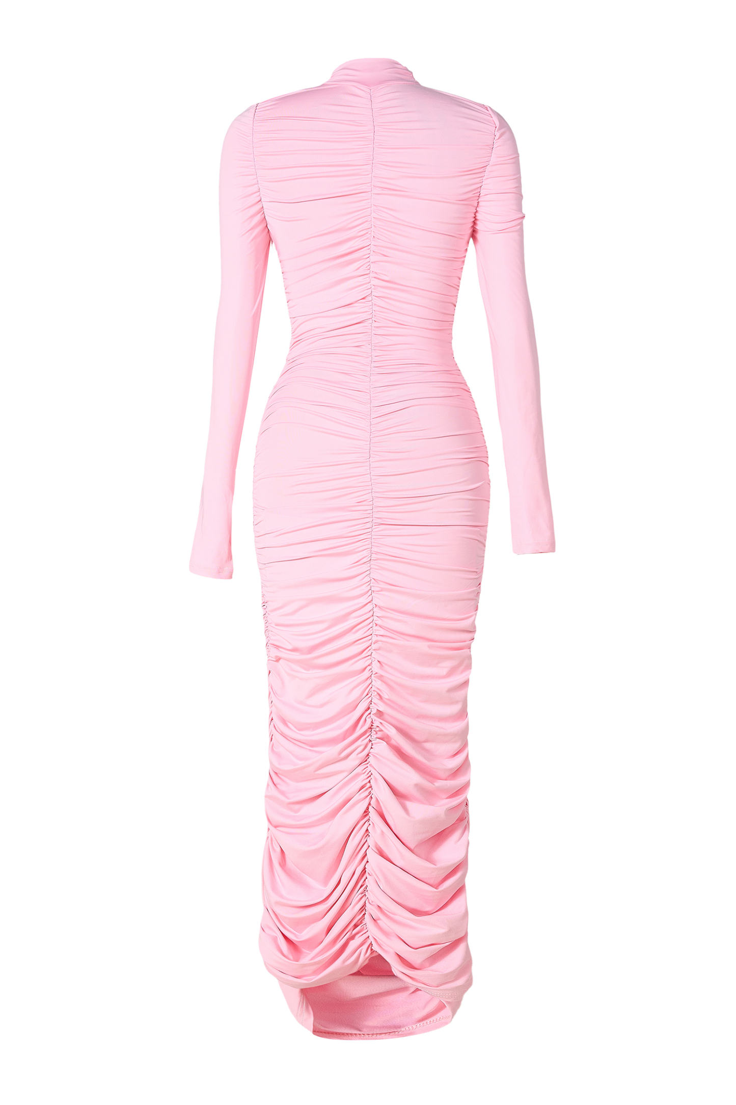 Stand Collar Long Sleeve Ruched Midi Dress