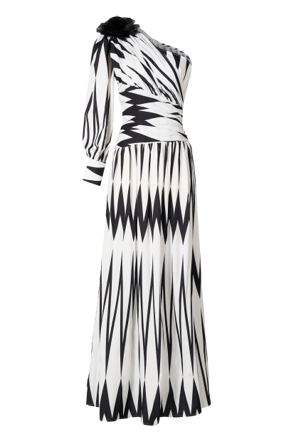 3D Flower Chevron One Shoulder Maxi Dress