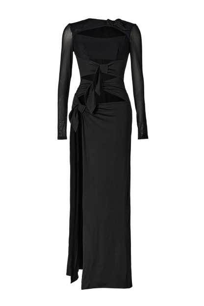 Mesh Bow Cut-Out Slit Midi Dress