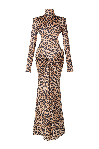 Leopard Print Backless Stand Collar Maxi Dress