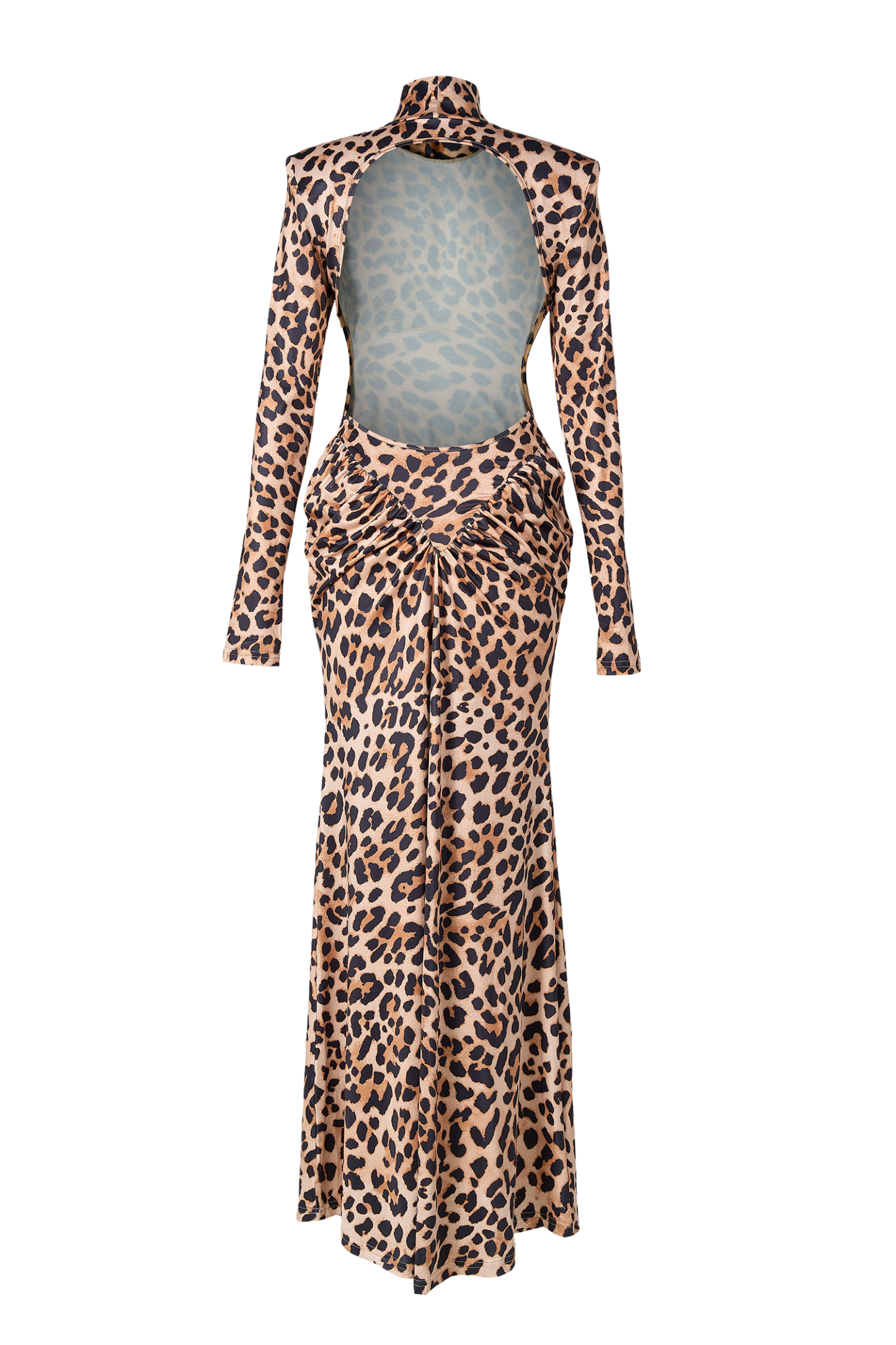 Leopard Print Backless Stand Collar Maxi Dress