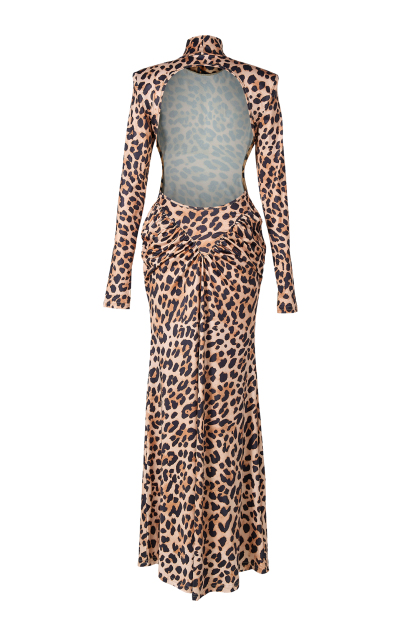 Leopard Print Backless Stand Collar Maxi Dress