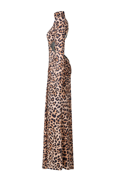 Leopard Print Backless Stand Collar Maxi Dress
