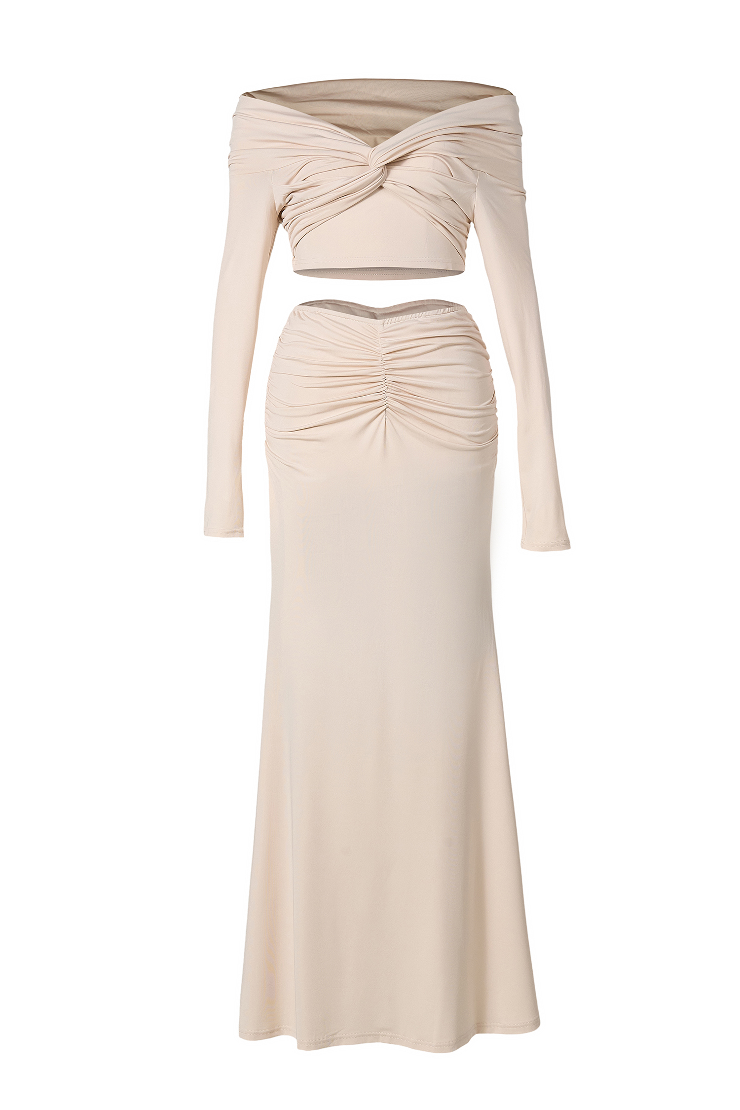 Solid Off-Shoulder Knotted Top & Ruched Mid Waist Maxi Skirt Set