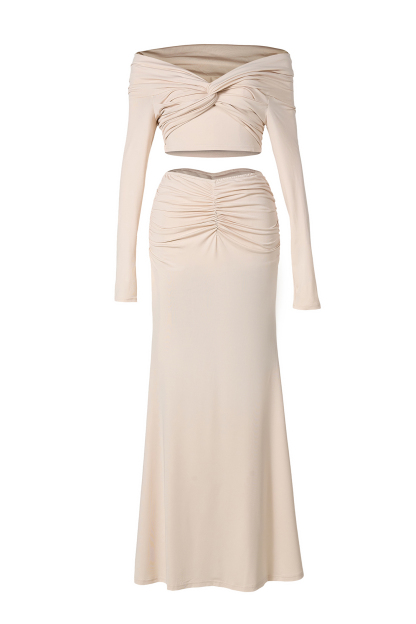Solid Off-Shoulder Knotted Top & Ruched Mid Waist Maxi Skirt Set
