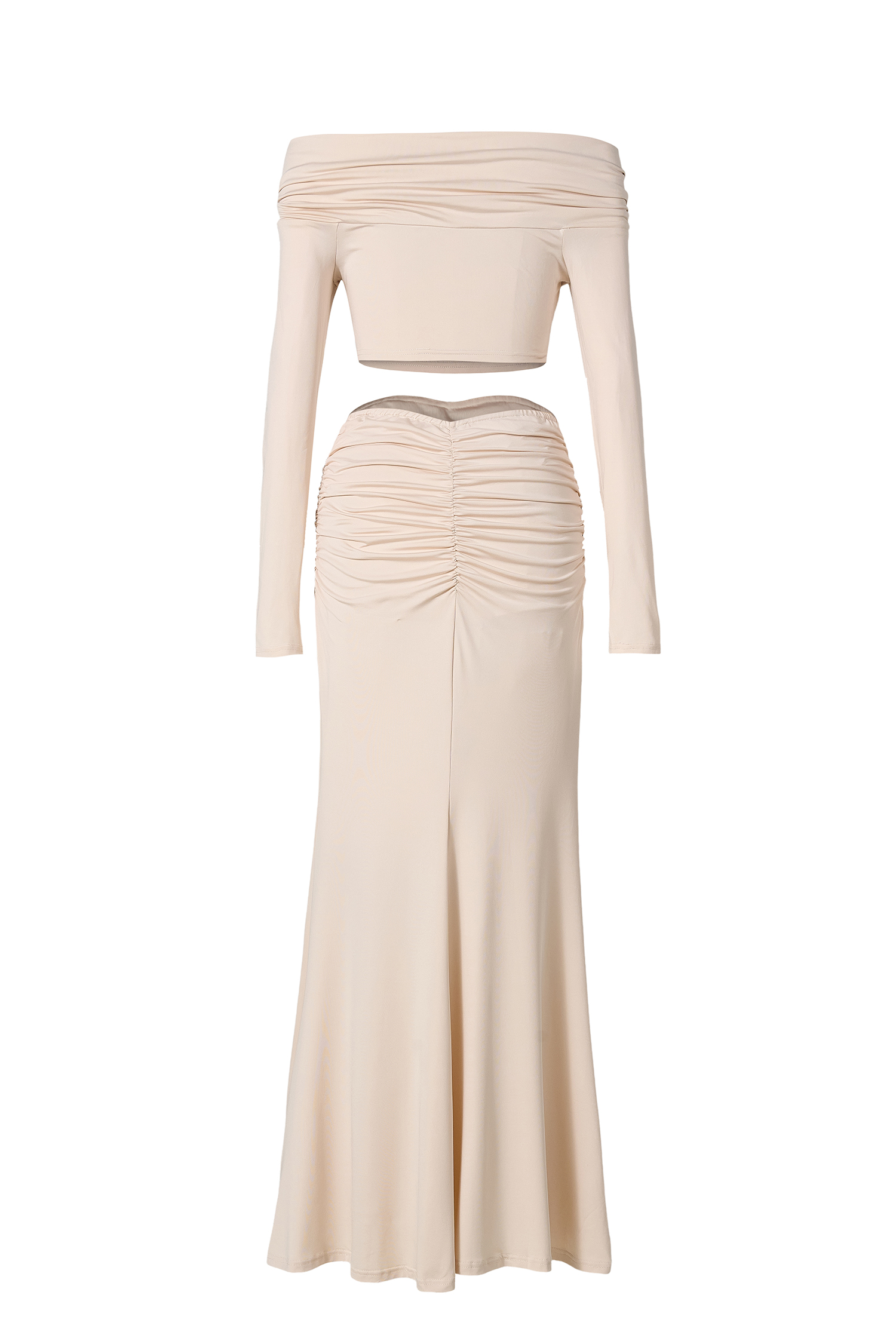 Solid Off-Shoulder Knotted Top & Ruched Mid Waist Maxi Skirt Set