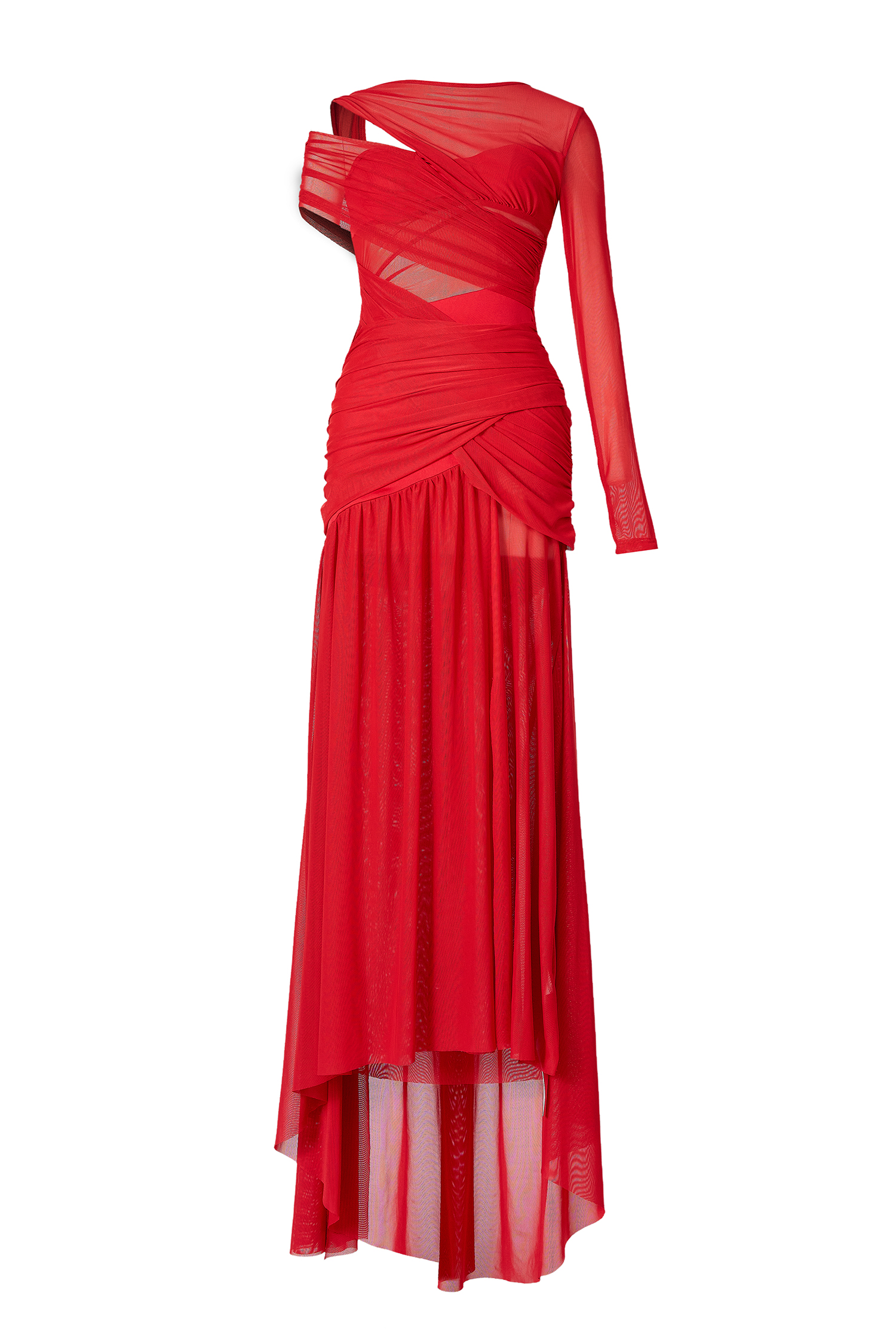 Mesh Cut-Out One-Shoulder Maxi Dress