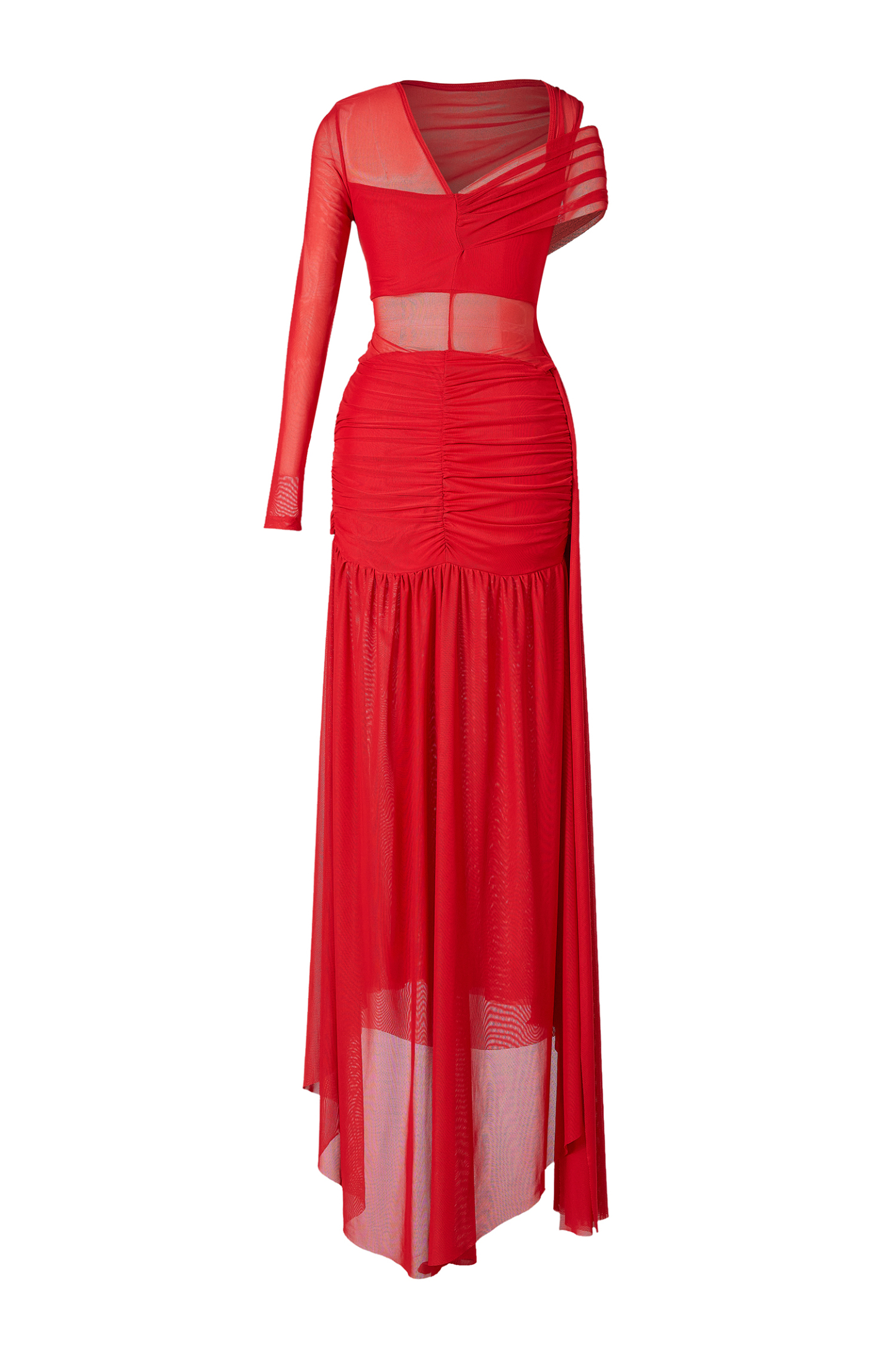 Mesh Cut-Out One-Shoulder Maxi Dress
