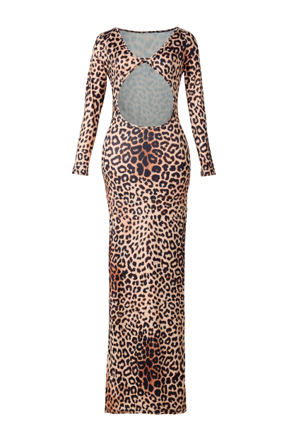 Leopard Print Cut-Out Long Sleeve Maxi Dress