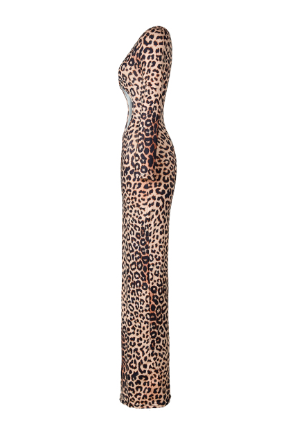 Leopard Print Cut-Out Long Sleeve Maxi Dress
