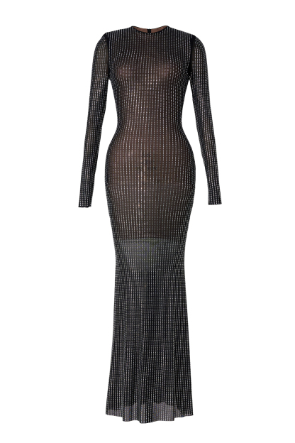 Mesh Rhinestone See-Through Maxi Dress